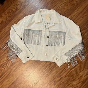 Large White Denim Jacket with Rhinestone Fringe
